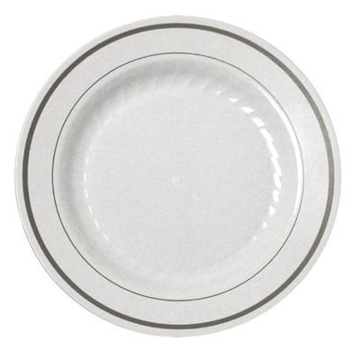 9" Plate White Silver Border