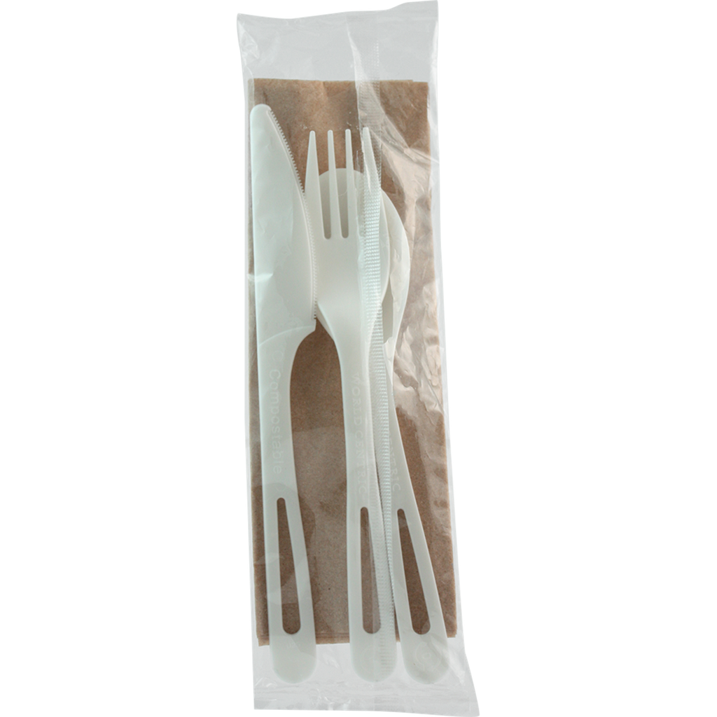 Cutlery Kit TPLA Heavy Fork Knife Spoon Napkin 6" Compostable